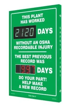 Accuform Digi-Day Electronic Safety Scoreboards: This Plant Has Worked ____ Days Without An OSHA Recordable Injury – The Best Previous Record Was ____ Days – SCK120