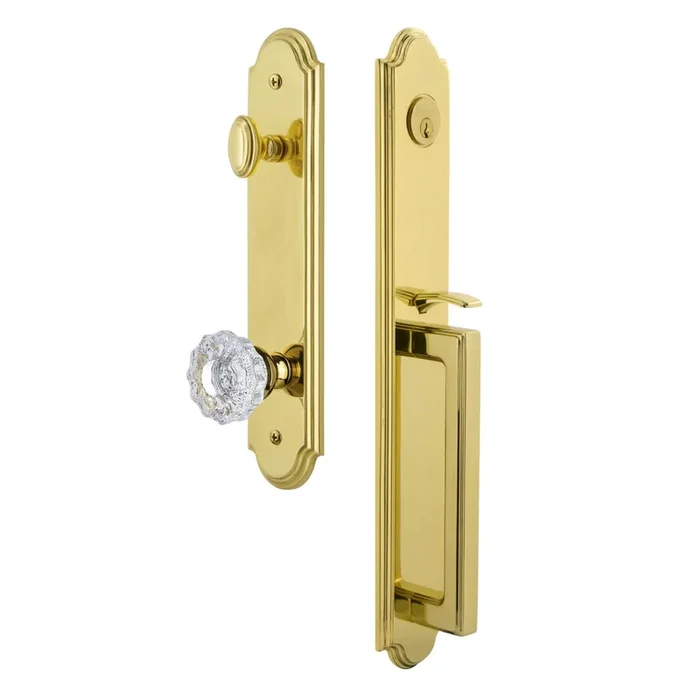 Arc One-Piece Handleset with D Grip and Versailles Knob in Lifetime Brass
