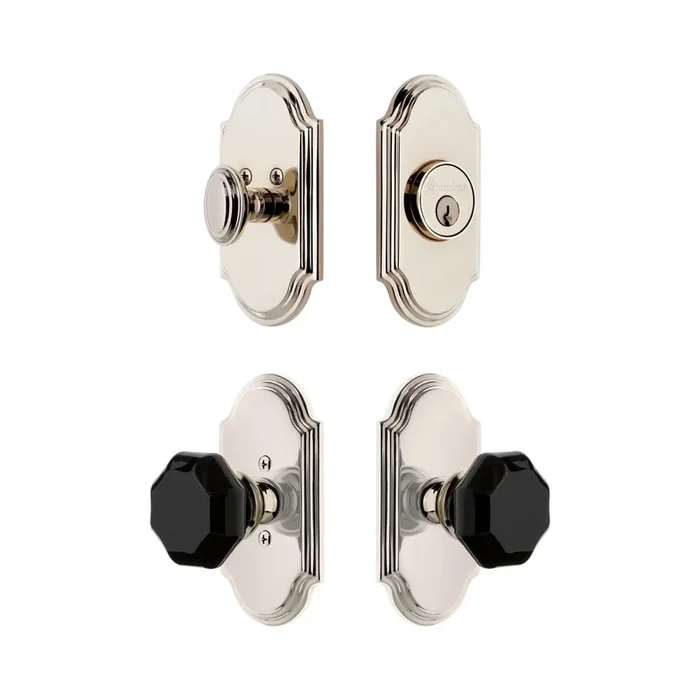 Arc Short Plate Entry Set with Lyon Knob – Polished Nickel | Grandeur