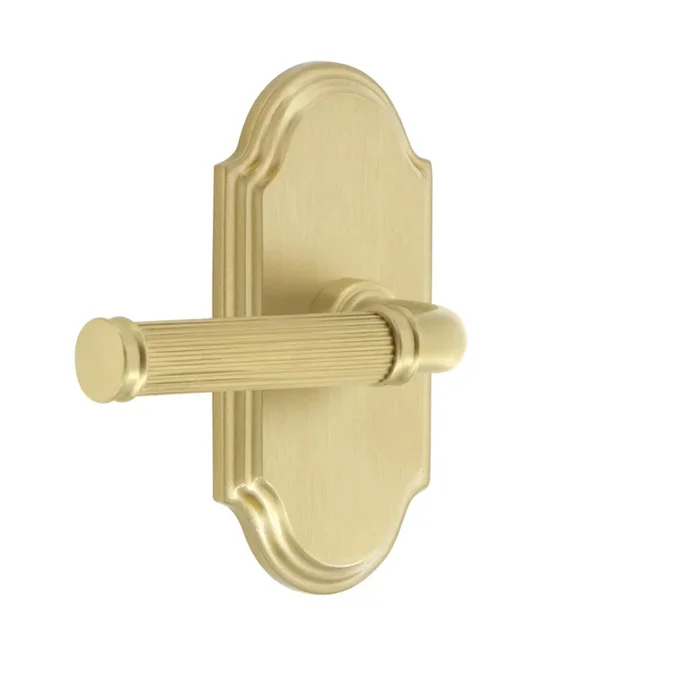 Arc Short Plate with Soleil Lever in Satin Brass – Privacy Door Hardware