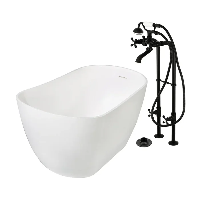 Arcticstone 51-Inch Solid Surface Oval Single Slipper Freestanding Tub with Faucet Combo – Matte Black