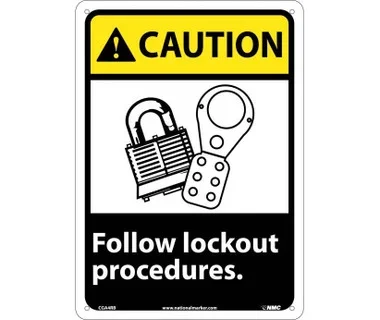 Caution: Follow Lock Out Procedures (W/Graphic) – 14X10 – Rigid Plastic – CGA4RB