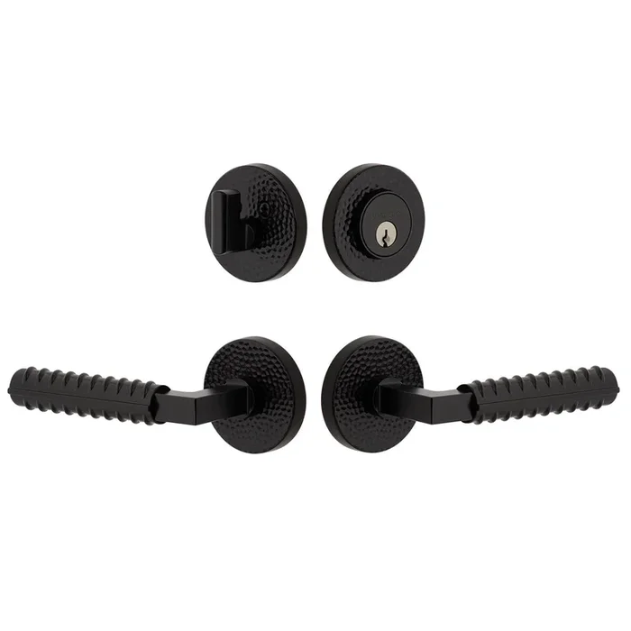 Circolo Hammered Rosette Entry Set with Contempo Rebar Lever – Satin Black