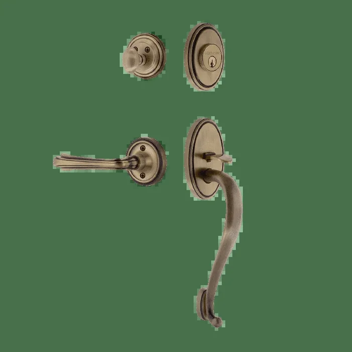 Classic Handleset with S-Grip and Classic Rosette Fleur Lever in Antique Brass