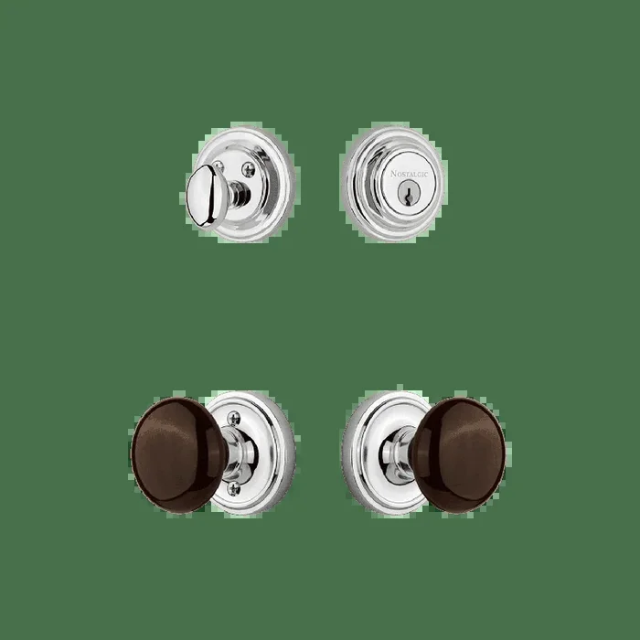 Classic Rosette Entry Set with Brown Porcelain Knob – Bright Chrome Finish