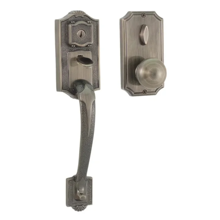 Colonial Panic Proof Entry Handleset with Impresa Knob Trim – Antique Brass Finish