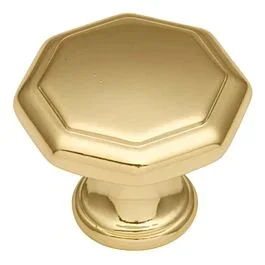 Conquest Style Cabinet Hardware Knob, Polished Brass 1-1/8 Inch Diameter.