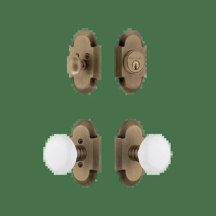 Cottage Entry Set with White Porcelain Knob in Antique Brass