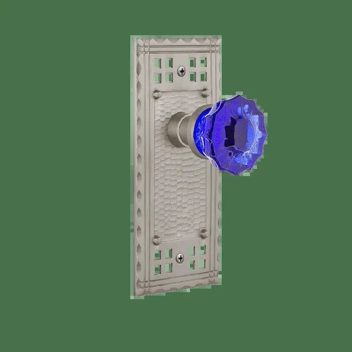 Craftsman Long Plate with Cobalt Crystal Knob in Satin Nickel
