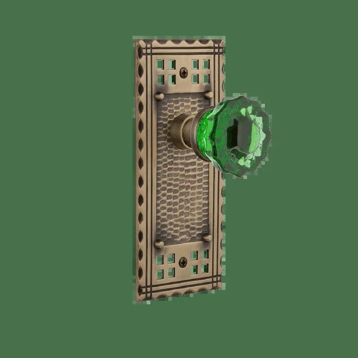 Craftsman Long Plate with Emerald Crystal Knob in Antique Brass