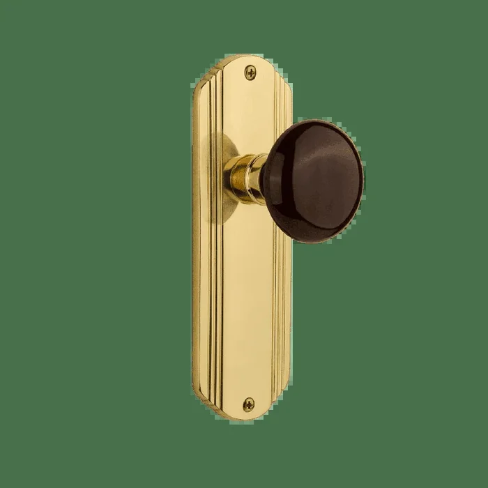 Deco Long Plate with Brown Porcelain Knob in Polished Brass
