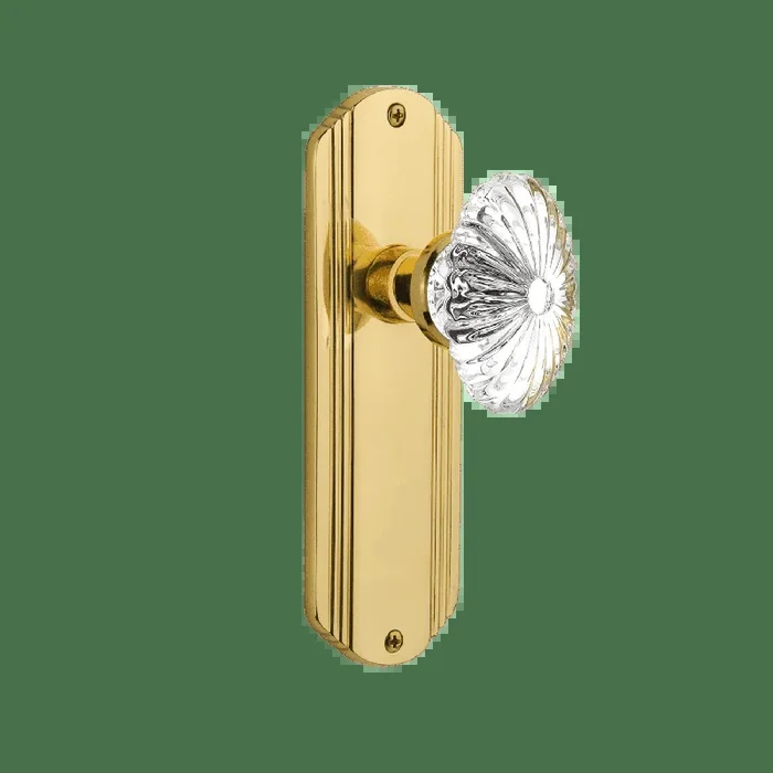Deco Long Plate with Oval Fluted Crystal Knob – Unlacquered Brass
