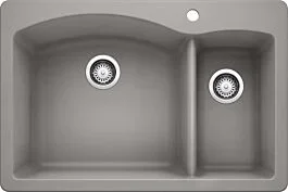 DISCONTINUED Blanco SILGRANIT 33″ x 22″ x 9-1/2″ Drop-in/Undermount, Metallic Gray, 80/20 Double Bowl Kitchen Sink