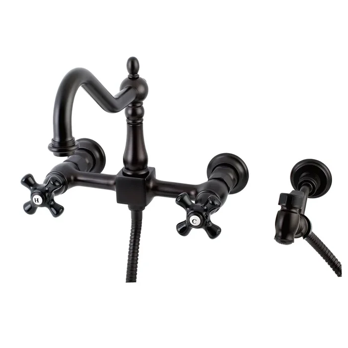 Duchess Double-Handle Wall-Mount Bridge Kitchen Faucet with Brass Sprayer, Oil Rubbed Bronze – Kingston Brass