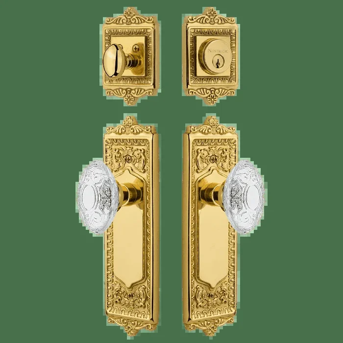 Egg Dart Entry Set with Crystal Victorian Knob in Polished Brass