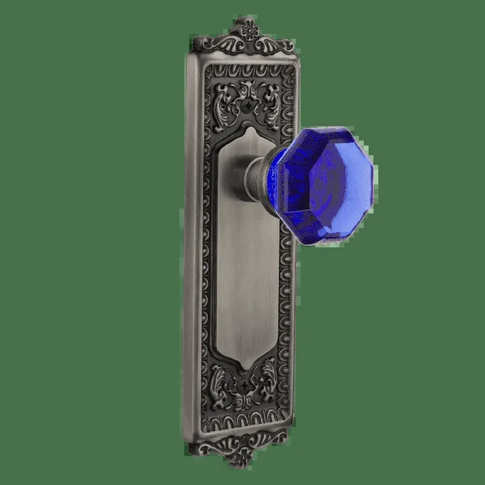 Egg Dart Long Plate with Cobalt Waldorf Knob in Antique Pewter