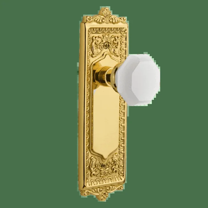 Egg Dart Long Plate with White Waldorf Knob – Unlacquered Brass