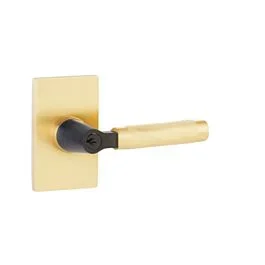Emtek Select Key in Lever Single Cylinder, Keyed with Modern Rectangular Rosette Satin Brass, L-Square Stem in Flat Black, Knurled Handle in Satin Brass Finish, Right Handle