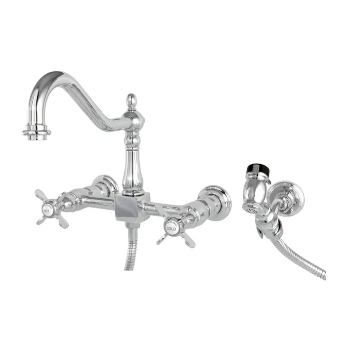 Essex Double-Handle Wall-Mount Bridge Kitchen Faucet with Brass Sprayer, Polished Chrome – Kingston Brass