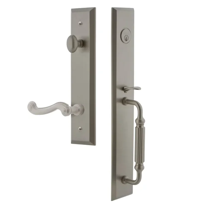 Fifth Avenue One-Piece Handleset with F Grip and Newport Lever in Satin Nickel – Grandeur