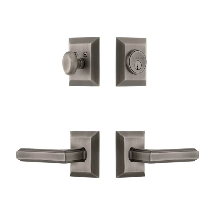 Fifth Avenue Square Rosette Entry Set with Carre Lever – Antique Pewter Finish