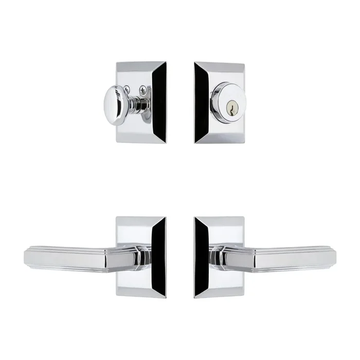 Fifth Avenue Square Rosette Entry Set with Carre Lever – Bright Chrome