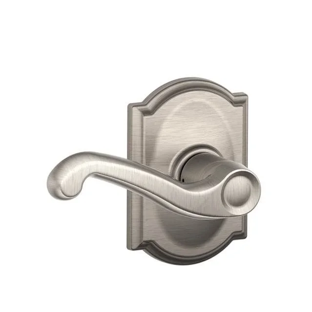 Flair Lever with Camelot Rose Passage Lock – Satin Nickel Finish