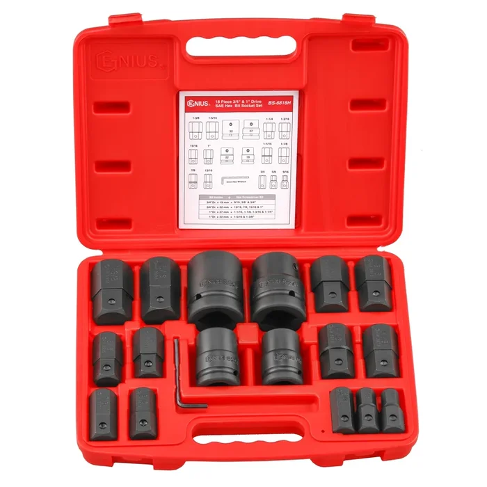 Genius Tools 18 Piece 3/4″ & 1″ Dr. SAE Hex Bit Socket Set (CR-Mo) – BS-6818H