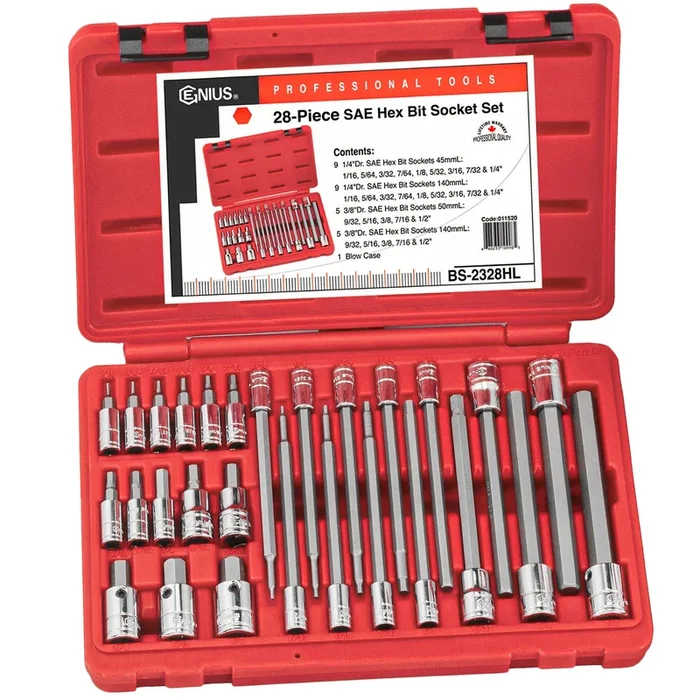 Genius Tools 28 Piece 1/4″ & 3/8″ Dr. SAE Hex Bit Socket Set – BS-2328HL