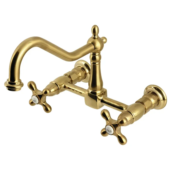 Heritage Double-Handle Wall-Mount Bridge Kitchen Faucet, Brushed Brass by Kingston Brass