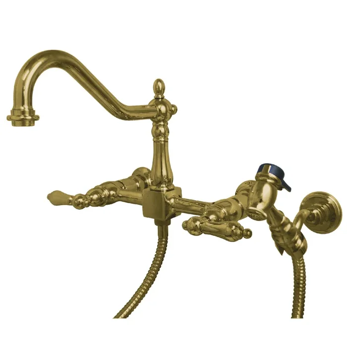 Heritage Double-Handle Wall-Mount Bridge Kitchen Faucet with Brass Sprayer, Polished Brass
