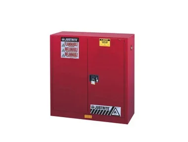 Justrite Sure-Grip Ex Flammable Safety Cabinet – Dims. 44″H – Cap. 30 Gal. – 1 Shelf – 2 M/C Doors – Red – 893001