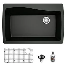 Karran Quartz QT 34″ x 22″ x 9″ Topmount Large Single Bowl, Quartz Composite Kitchen Sink in Black with Accessories