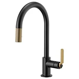 LITZE Pull-Down Faucet with Arc Spout and Industrial Handle, Matte Black / Luxe Gold