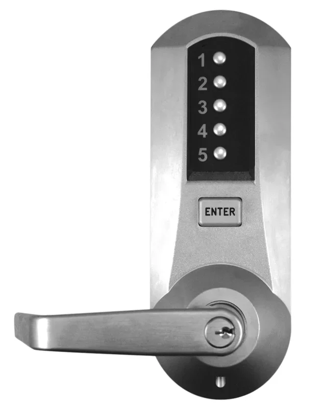 Mechanical Pushbutton Exit Trim Lock with Kaba Schlage C Cylinder and Winston Lever Satin Chrome Finish