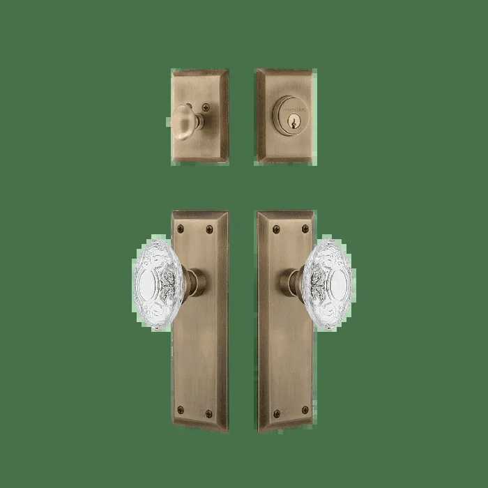 New York Entry Set with Crystal Victorian Knob in Antique Brass