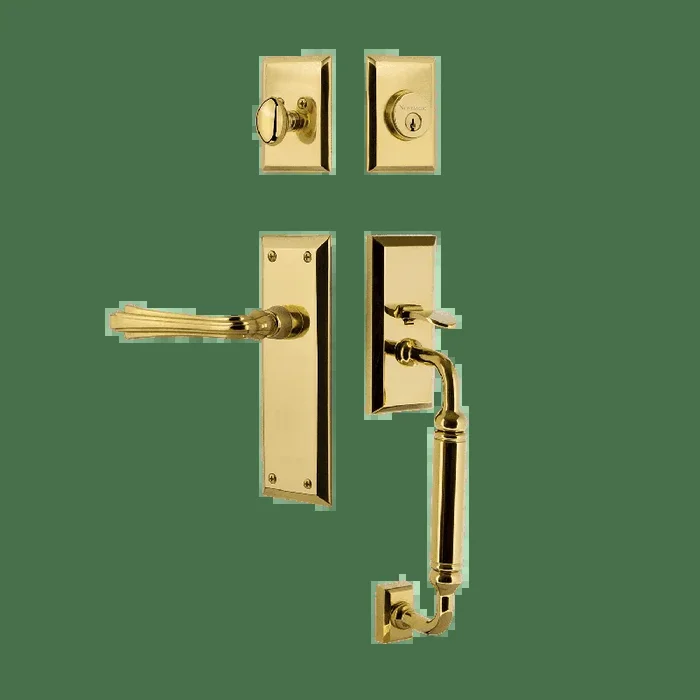 New York Handleset with C-Grip and Long Plate Fleur Lever in Polished Brass