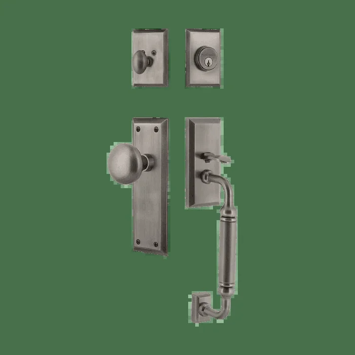 New York Handleset with C-Grip and Long Plate in Antique Pewter | Nostalgic Vintage Door Hardware