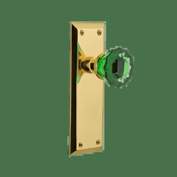 New York Long Plate with Emerald Crystal Knob – Polished Brass