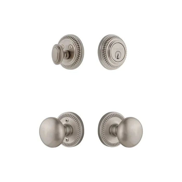 Newport Rosette Entry Set with Fifth Avenue Knob in Satin Nickel