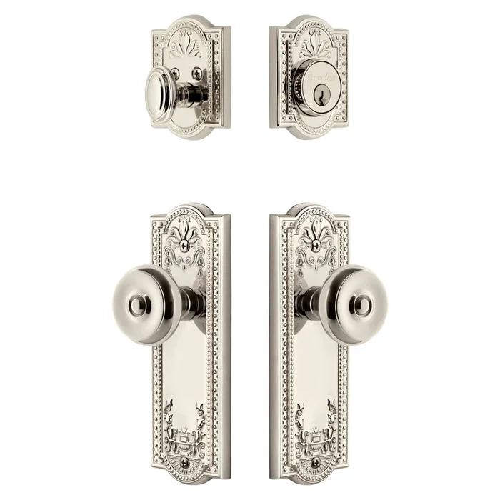 Parthenon Long Plate Entry Set with Bouton Knob – Polished Nickel