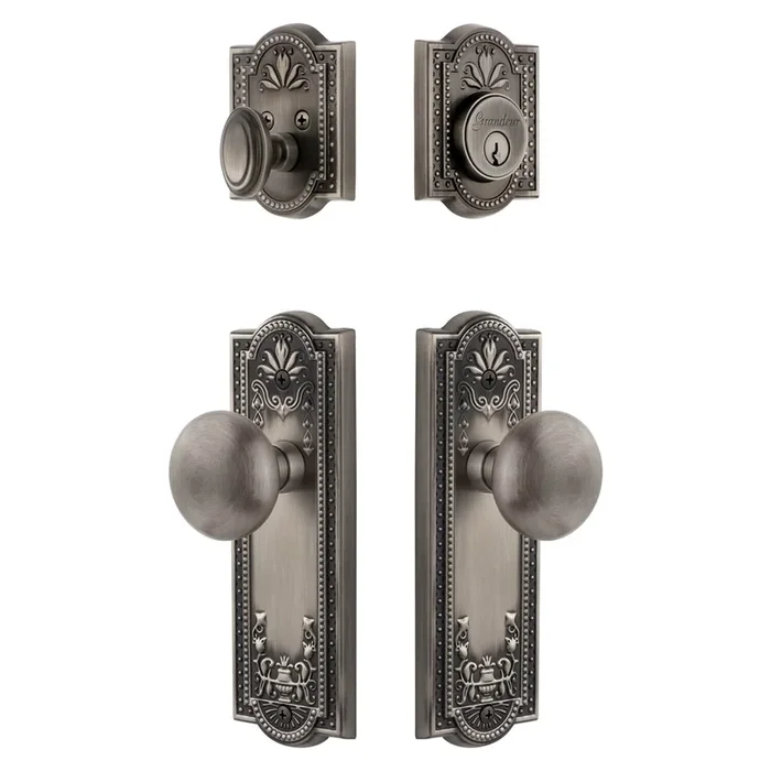Parthenon Long Plate Entry Set with Fifth Avenue Knob in Antique Pewter