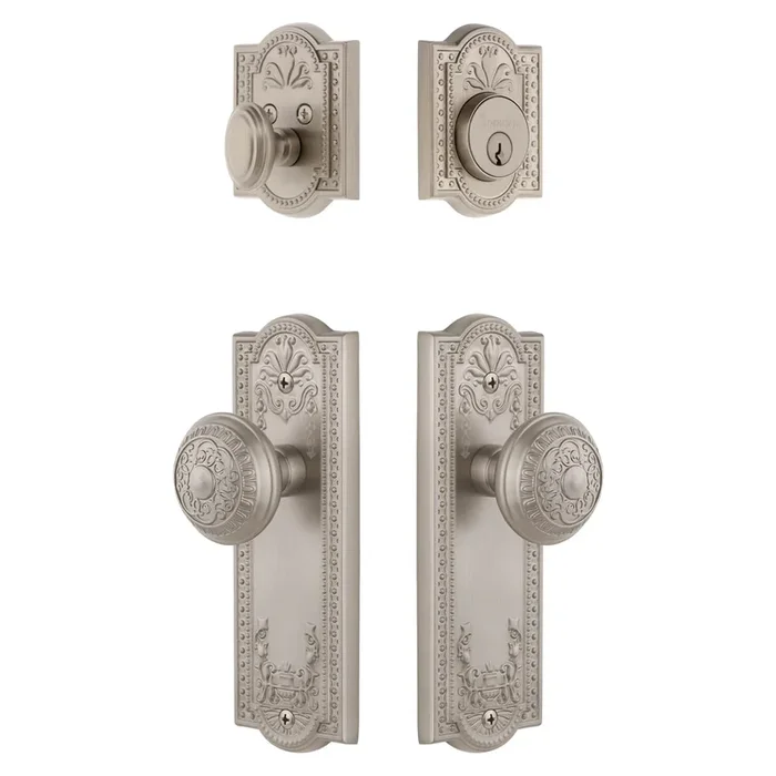 Parthenon Long Plate Entry Set with Windsor Knob in Satin Nickel