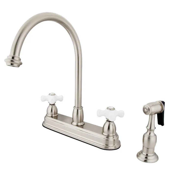 Restoration Double-Handle 8″ Centerset Kitchen Faucet with Side Sprayer, Brushed Nickel – Kingston Brass