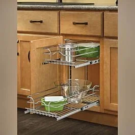 Rev-A-Shelf 12″ Pullout 2 Tier Wire Basket Cookware Organizer for Base Cabinet, Chrome, Reduced Depth Series