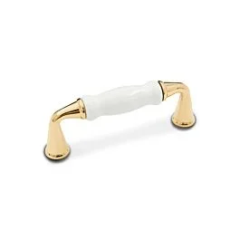 RK International Porcelain Middle Pull 3″ (76mm) Center to Center, 3-5/8″ (92mm) Overall Length, White Bar, Polished Brass Stem, Cabinet Pull / Handle