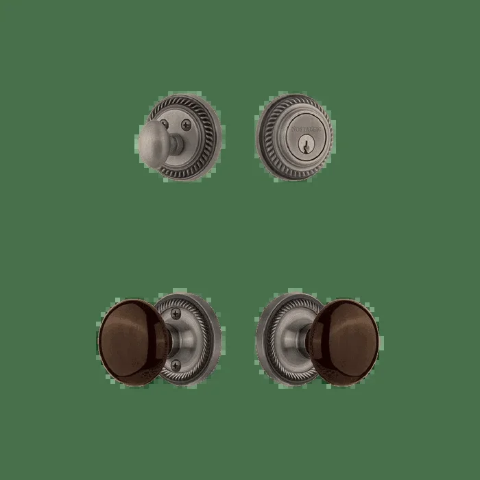 Rope Rosette Entry Set with Brown Porcelain Knob in Antique Pewter