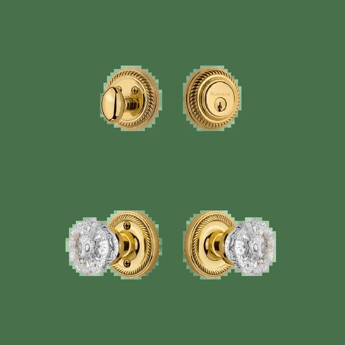Rope Rosette Entry Set with Crystal Knob – Unlacquered Brass