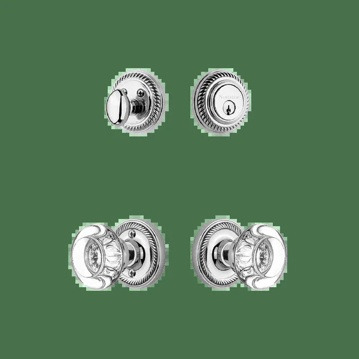 Rope Rosette Entry Set with Round Clear Crystal Knob in Bright Chrome | Nostalgic Vintage Door Hardware