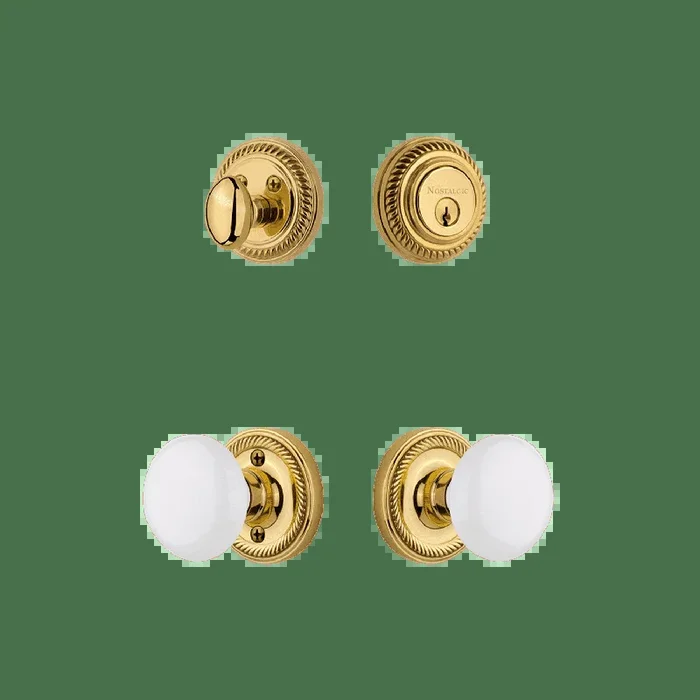 Rope Rosette Entry Set with White Porcelain Knob in Polished Brass